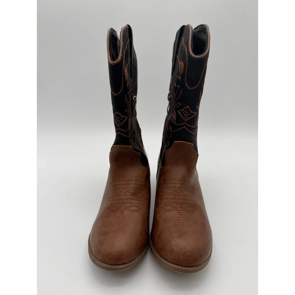 Kids Cowboy Boots Size 3 Brown Black Faux Leather Western Side‎ Zip Embroidered
